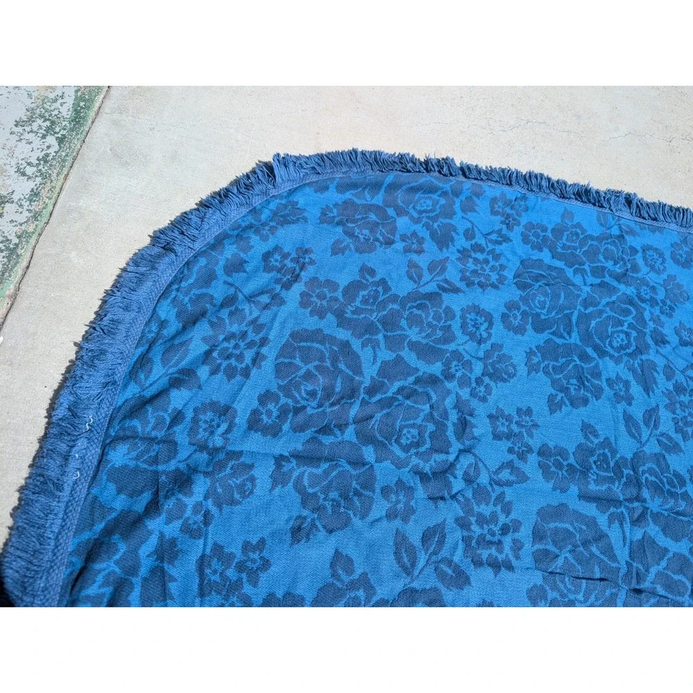 Vintage Royal Blue Rose Pattern Floral Fringed Blanket Bedspread Sofa Cover MCM